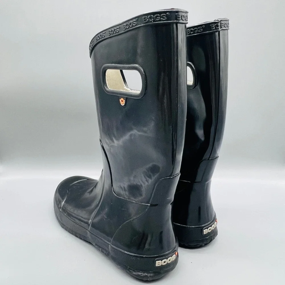 Bogs Boots Youth 6 Black Rubber Patent Waterproof Tall Pull On Handle Rain Shoes